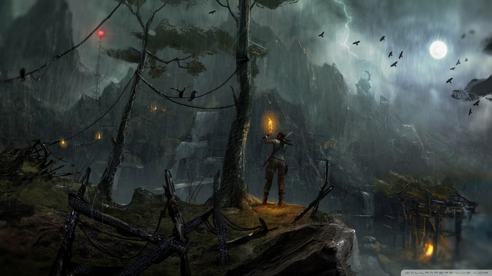 Lara Croft in Tomb Raider during a stormy night