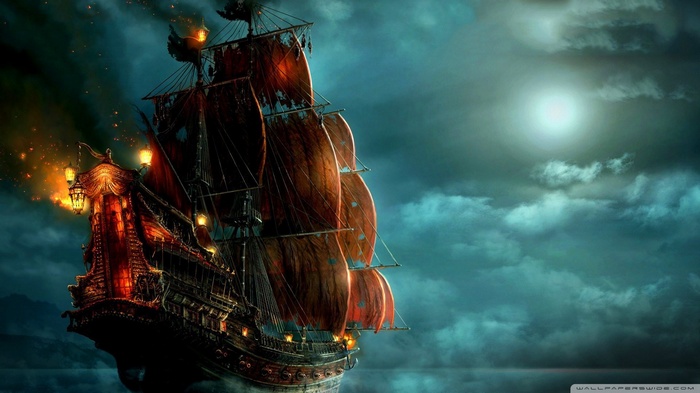 A haunted sailing ship at night