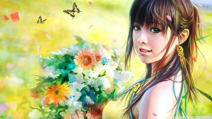 butterfly, women, flowers