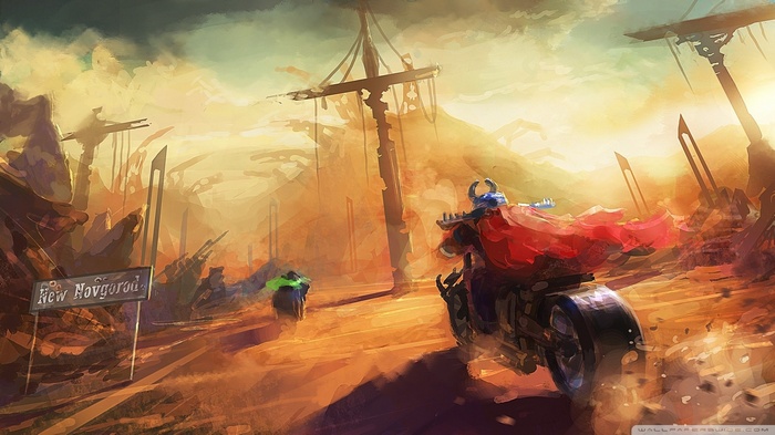 Two figures on motorcycles in a post-apocalyptic landscape