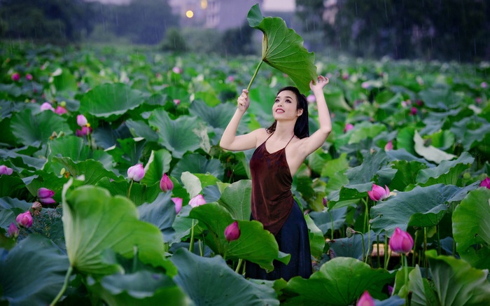 Woman in a lotus pond holding a leaf as an umbrella