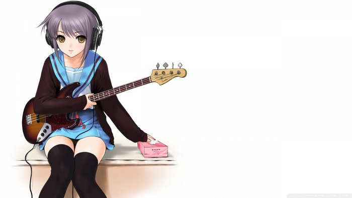 Nagato Yuki playing a bass guitar with headphones