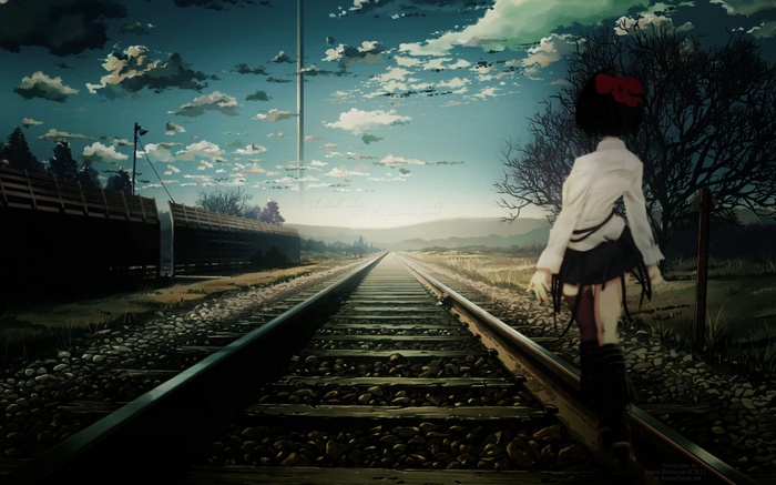 Anime girl walking on train tracks