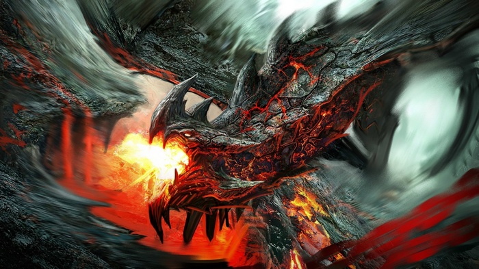 A dragon breathing fire in a rocky landscape