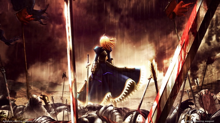 Saber stands on a battlefield in Fate Series