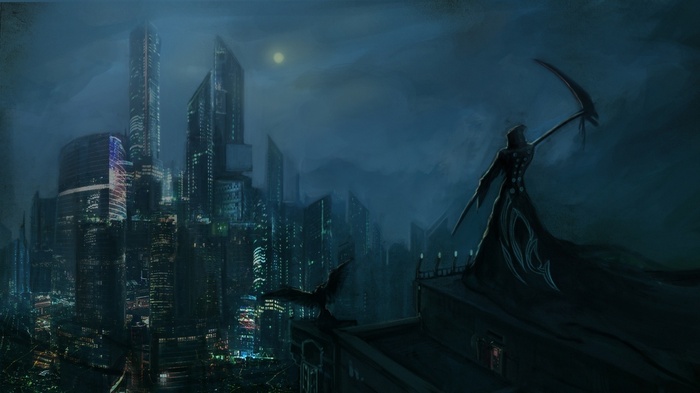 Grim Reaper overlooking a futuristic city at night