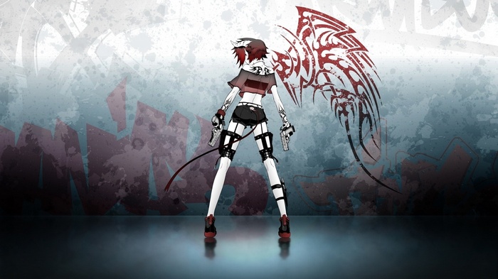 Anime girl with guns and tribal wings