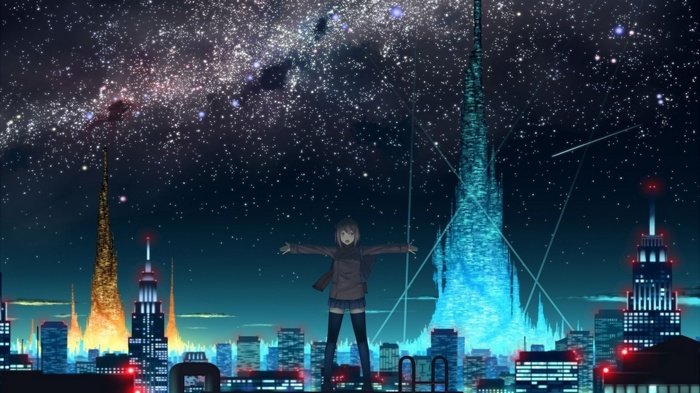 Anime girl standing on a rooftop overlooking a futuristic city at night