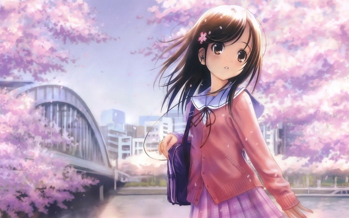 Anime girl in pink cardigan under cherry blossoms