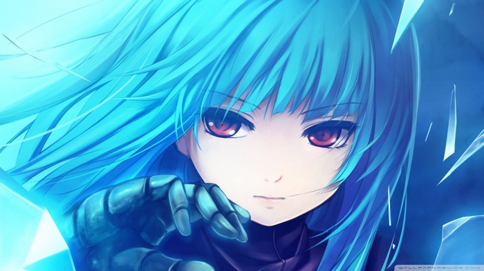 Anime girl with blue hair and red eyes