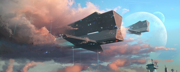 Spaceships flying through clouds with planets in the background