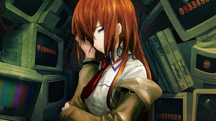 Makise Kurisu from Steins;Gate surrounded by monitors