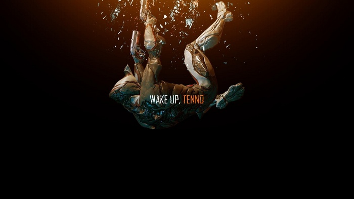 Warframe character falling with text "WAKE UP, TENNO"