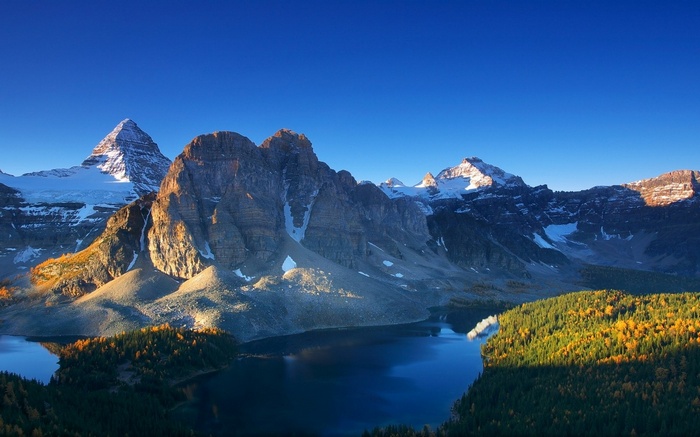 Snowy mountain peaks over a lake and autumn forest