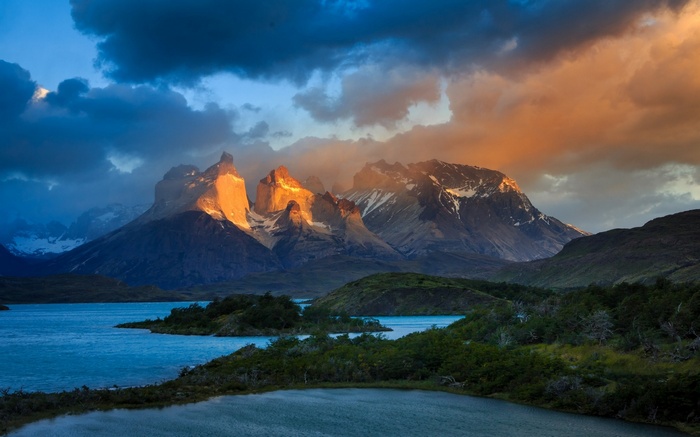 Torres del Paine mountains at sunset with lake
