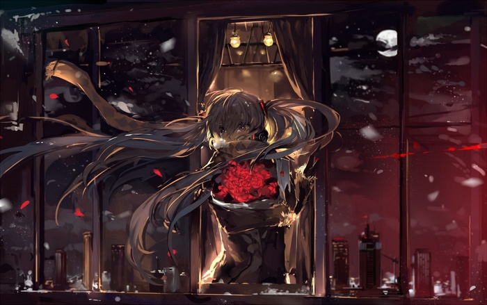 Hatsune Miku holding flowers in the wind at night