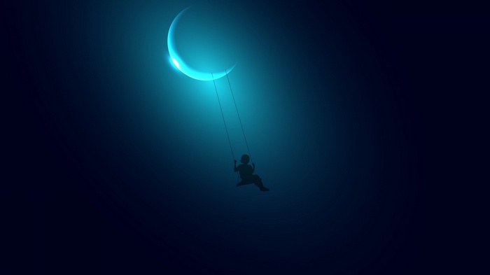 Silhouette of a child on a swing under a glowing crescent moon