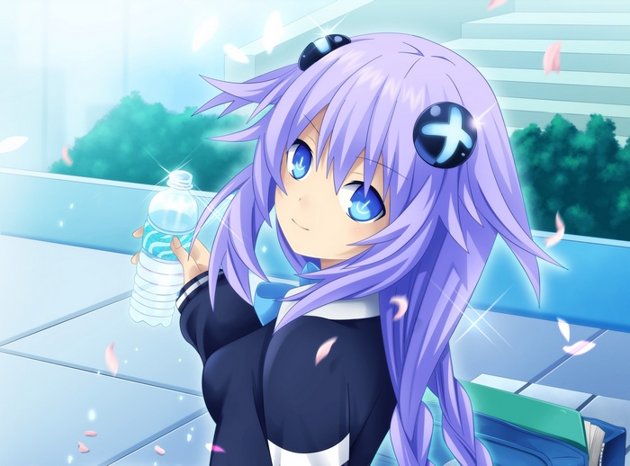 Purple Heart from Hyperdimension Neptunia holding a water bottle