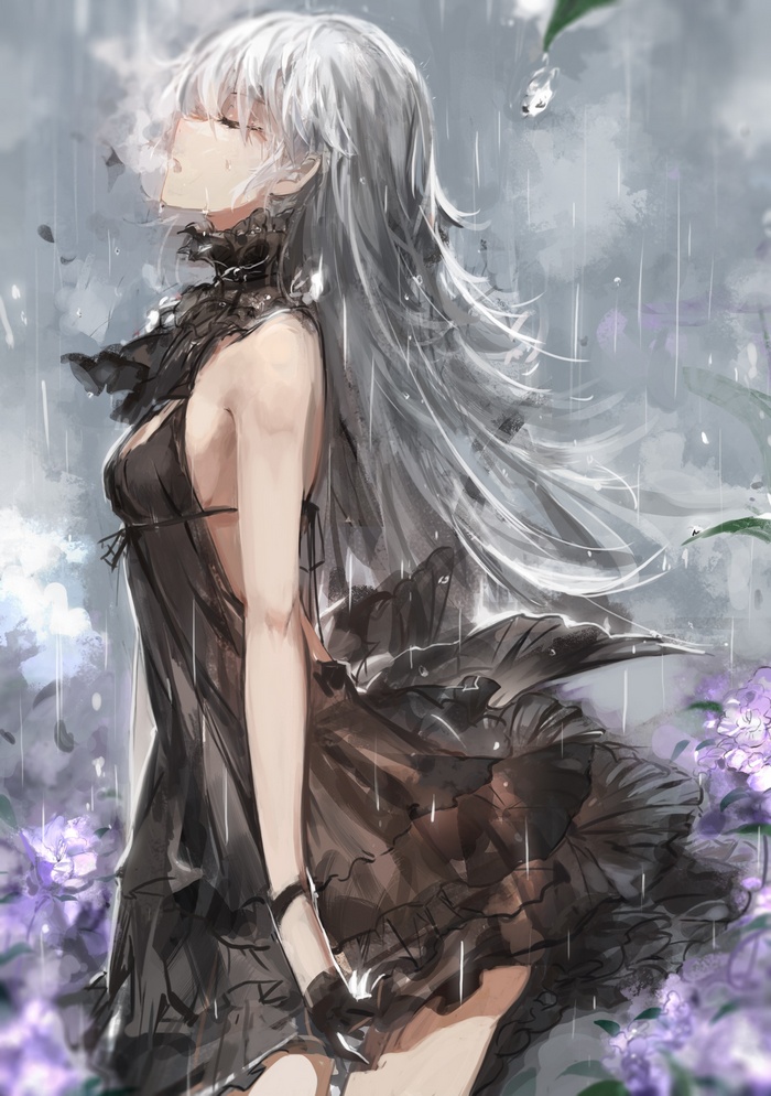4562063 anime, white hair, flowers, rain, black dress, long hair, anime  girls, original characters - Rare Gallery HD Wallpapers