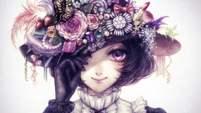 Anime girl with a decorated hat and gloves