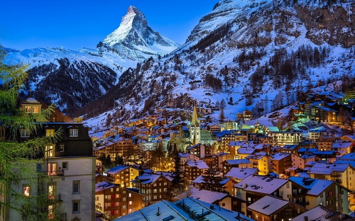 Zermatt village at dusk with Matterhorn mountain