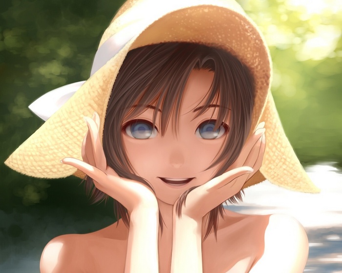 Kikuchi Makoto from THE iDOLM@STER wearing a straw hat