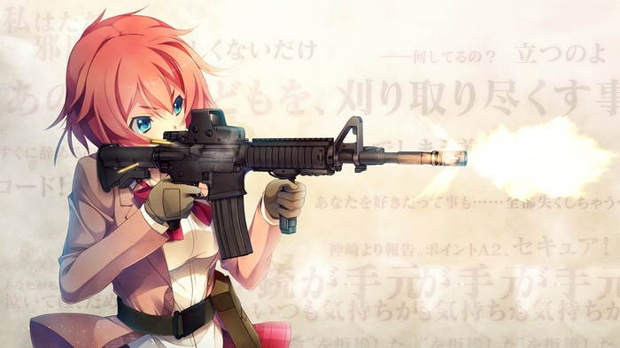 Kanzaki Sayaka firing an M4 carbine