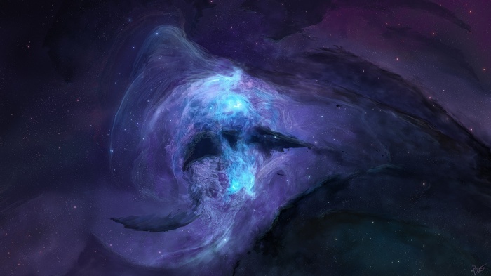 Artwork of a blue and purple nebula with stars