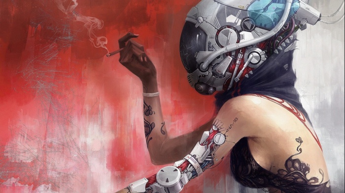 Cyborg woman with helmet smoking a cigarette