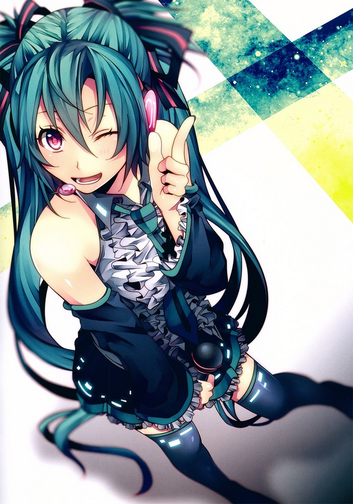 Skirt Thigh Highs Neckties Microphone Long Hair Twintails Hatsune Miku Anime Girls Anime