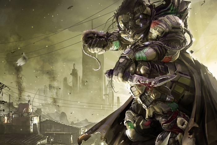 Cyborg with bloody knife in apocalyptic city