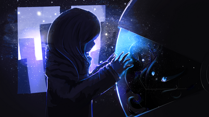 Girl touching a glowing portal to space