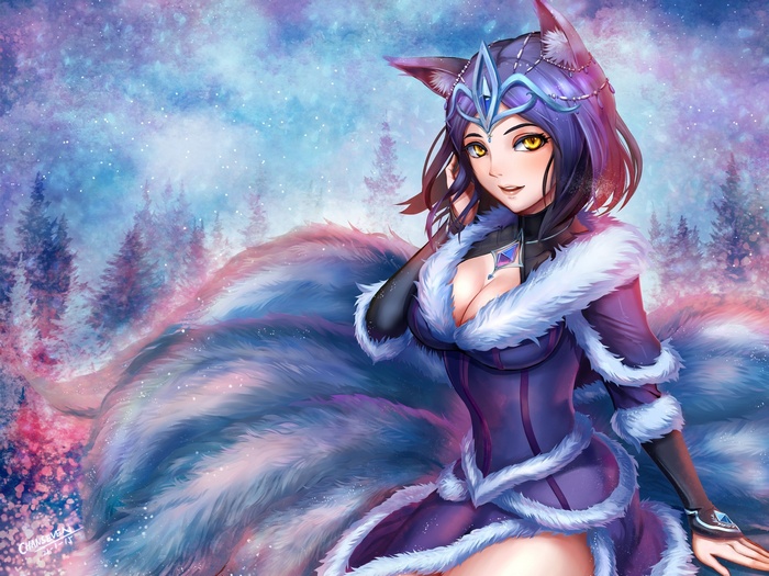 Ahri from League of Legends in a winter forest