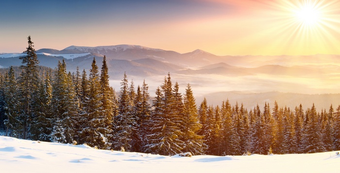 Winter forest and mountains at sunrise with sun rays