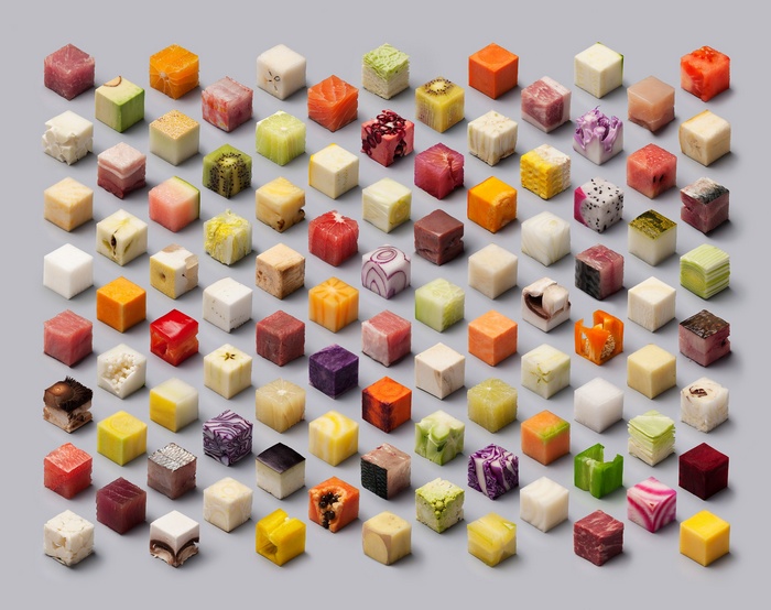 Assortment of food cubes arranged in a grid pattern