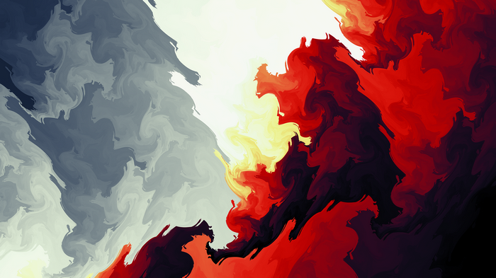 Abstract swirling colors of red, yellow, and gray