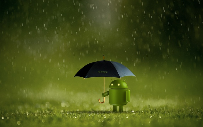 Android robot holding an umbrella in the rain