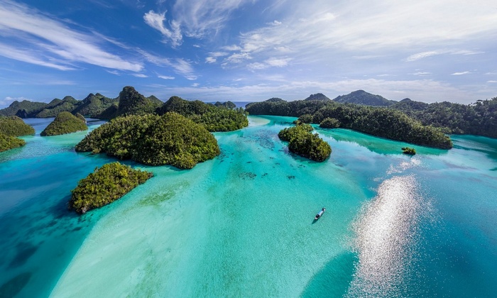 Aerial view of tropical islands in turquoise water, Indonesia