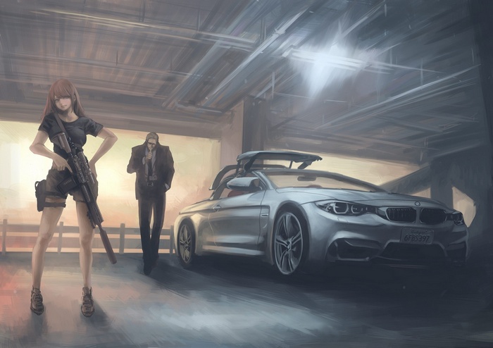 Anime girl with sniper rifle and man by BMW car