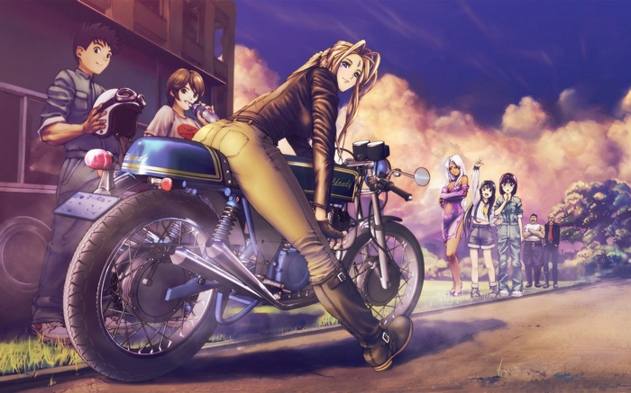 Ah! My Goddess! characters with a motorcycle