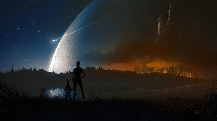 Two figures stand on a hill overlooking a planet and a futuristic city