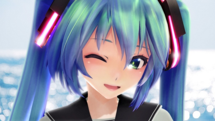 Hatsune Miku winks with blue hair and headphones
