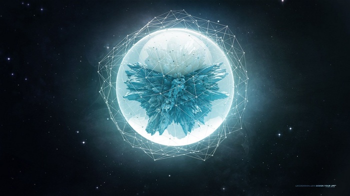 Abstract blue fractal explosion within a wireframe sphere in space