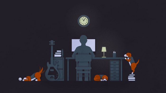 Minimalist scene of a person working at a desk with dogs