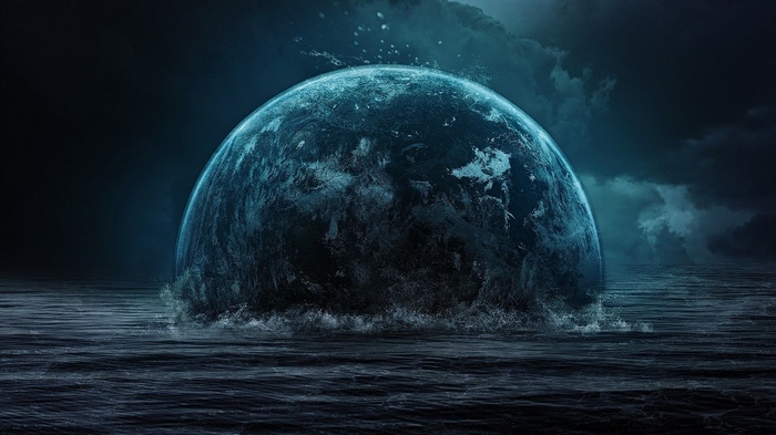 Planet emerging from dark ocean under stormy sky