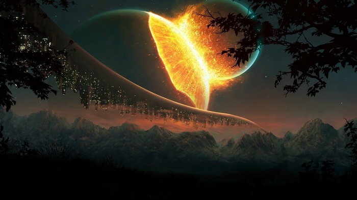 Exploding planet with city lights over mountains