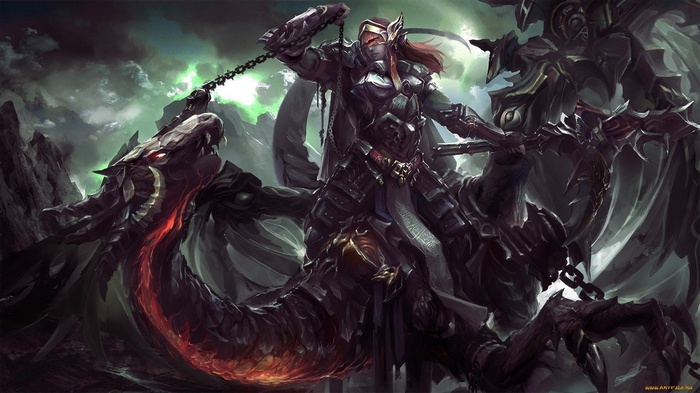 Warrior riding a dragon in a dark fantasy landscape