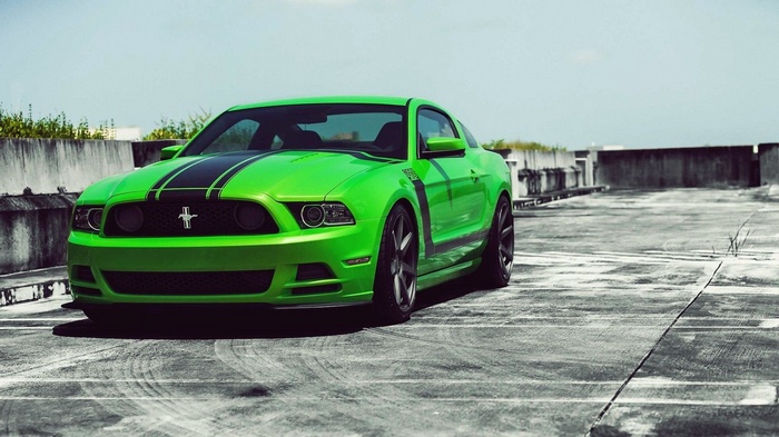 Green Ford Mustang Boss 302 on a rooftop