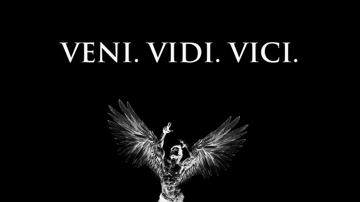 Veni Vidi Vici quote with winged man