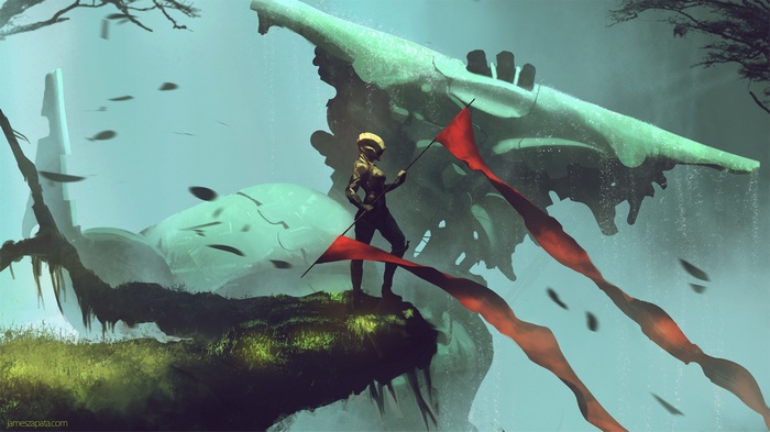 Futuristic warrior with red flags near alien structures